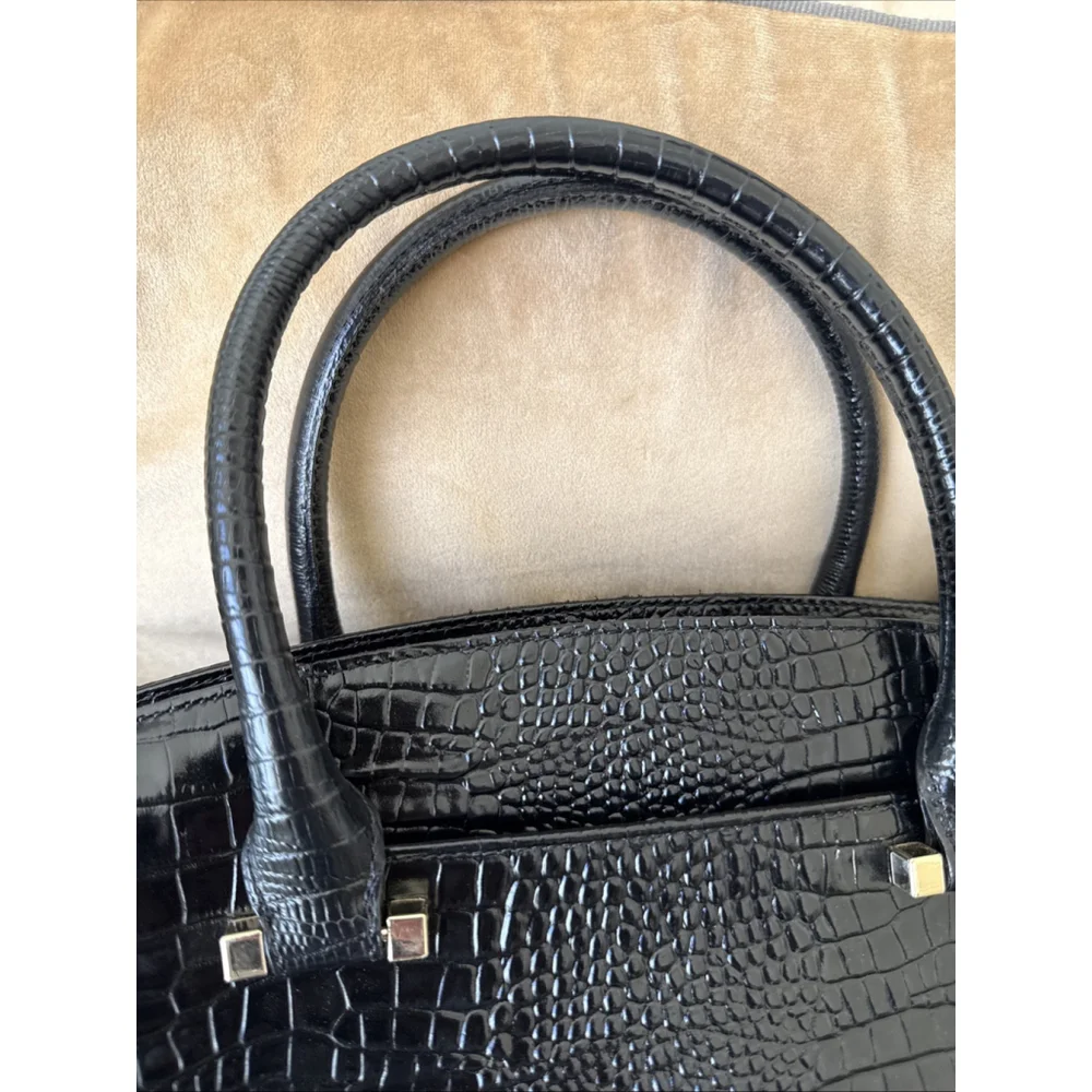 Brahmin Greta Large Creme Black Croc Embossed Leather Satchel